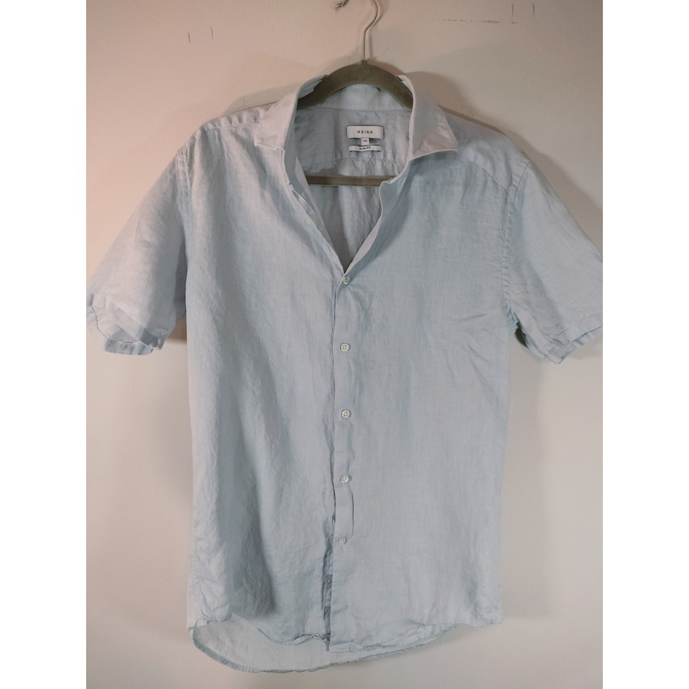 Reiss Holiday Slim Fit Linen Button-Through Shirt; Soft Blue